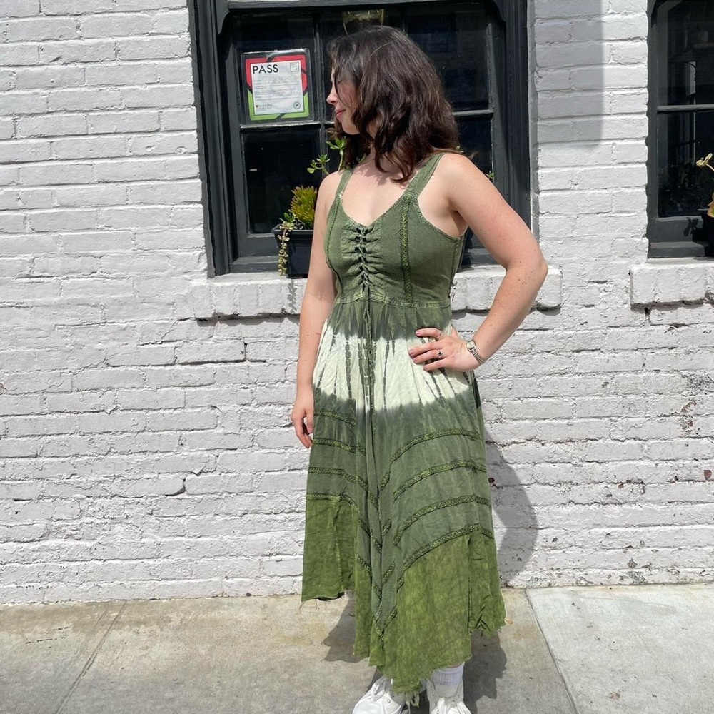 Renaissance bohemian hippie green tie dye lace up dress / one size